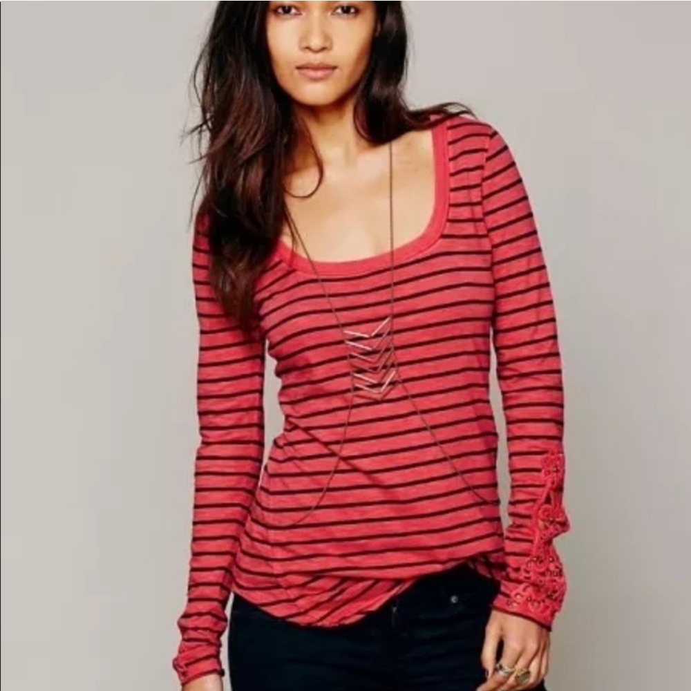 Free People Red and Black Striped Long Sleeve Scoop Neck Top